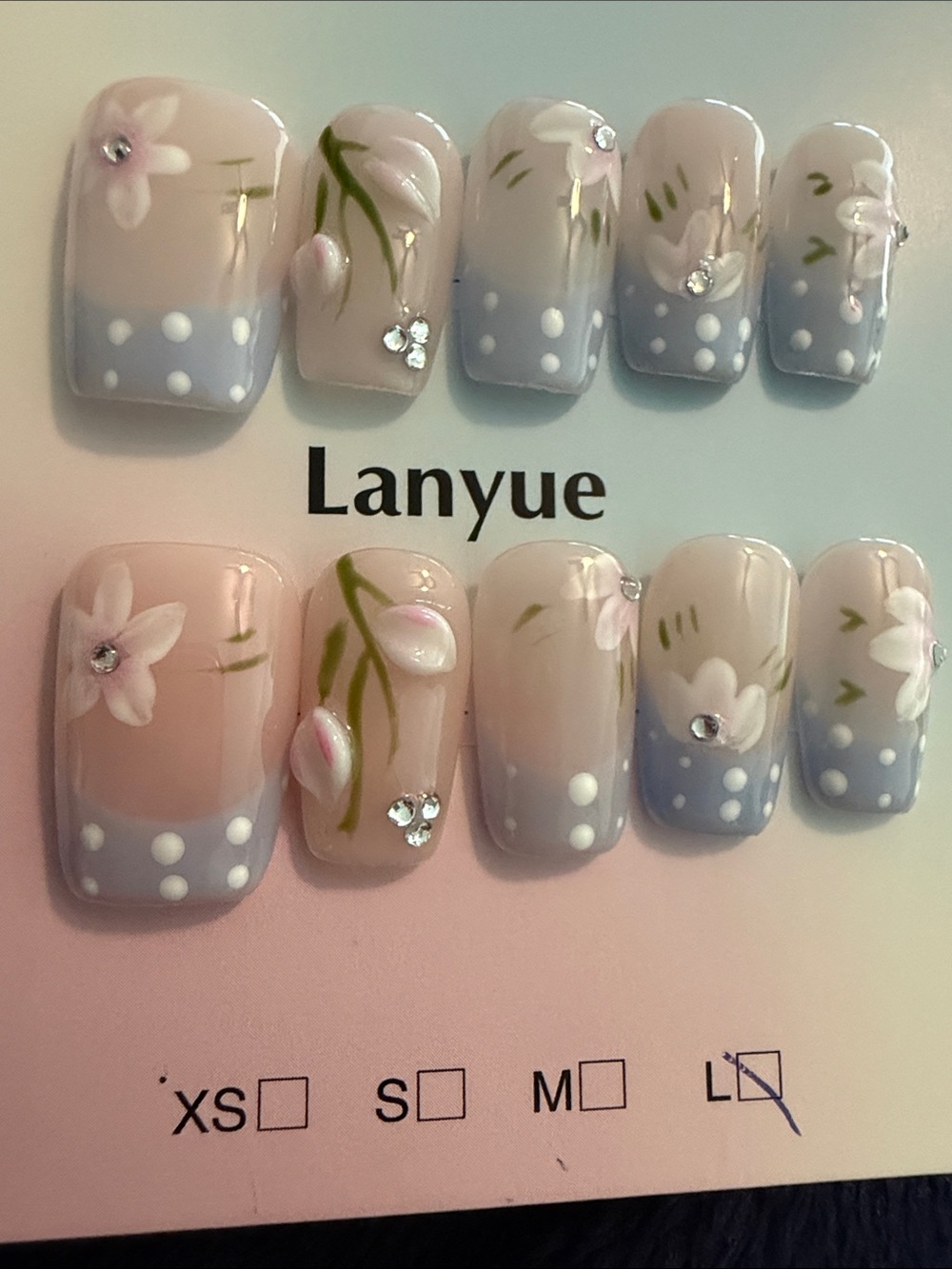 Blue polka dot French tip and Floral handmade acrylic Press-On Nail